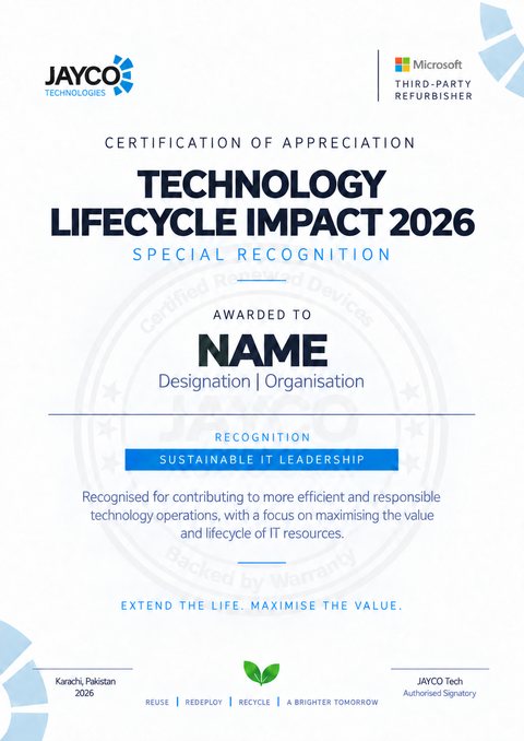 Sample IT Lifecycle Impact Recognition 2026 certificate from JAYCO Tech